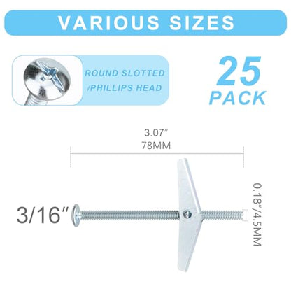 25 Pcs 3/16 Inch Toggle Bolts Heavy Duty Metal Drywall Anchors Kit | Dry Wall Anchors and Screws Kit for Hanging Lamps Heavy Items, Butterfly Anchors for Ceiling, Sheetrock, Hollow Wall - size: 3/16"-50pcs(25sets)
