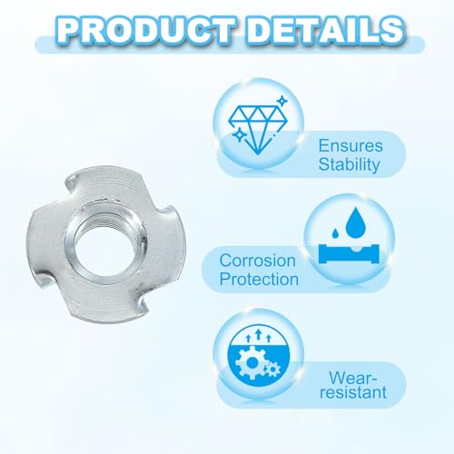 Generic M12 T-Nuts, 12 Pcs Zinc Plated Steel 4-Pronged Tee Blind Nut 17 mm Length Four-jaw t Nuts Threaded Inserts Hardware for Wood Furniture Cabinetry Rock Climbing Holds