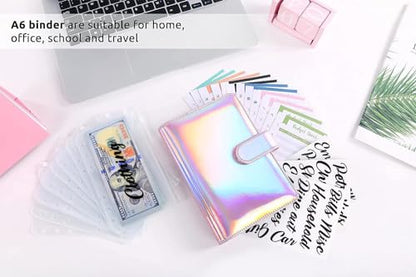 SKYDUE Budget Binder with Cash Envelopes, Purple, A6 Size, 6-Hole, 20-Page Capacity, 8 Dividers, Faux Leather - color: Laser Pink
