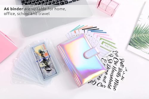 SKYDUE Budget Binder with Cash Envelopes, Purple, A6 Size, 6-Hole, 20-Page Capacity, 8 Dividers, Faux Leather - color: Laser Pink