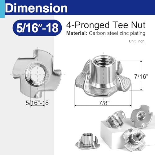 50PCS 5/16"-18 T Nuts for Wood, Zinc-Plated 4-Prong Tee Nuts | Carbon steel construction, Hammer-in installation design - style: 50 PCS 5/16"-18 Size