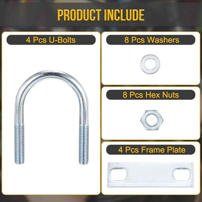 DTGN M10x50x90mm U Bolts Round Kit - 4Set - Carbon Steel U-Bolt Kit with Nuts, Washers, Frame Plate - Good for Pipe, Trailer, Automotive, Leaf Spring Fastener - size: M10x50x90mm