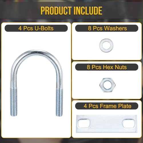 DTGN M10x50x90mm U Bolts Round Kit - 4Set - Carbon Steel U-Bolt Kit with Nuts, Washers, Frame Plate - Good for Pipe, Trailer, Automotive, Leaf Spring Fastener - size: M10x50x90mm