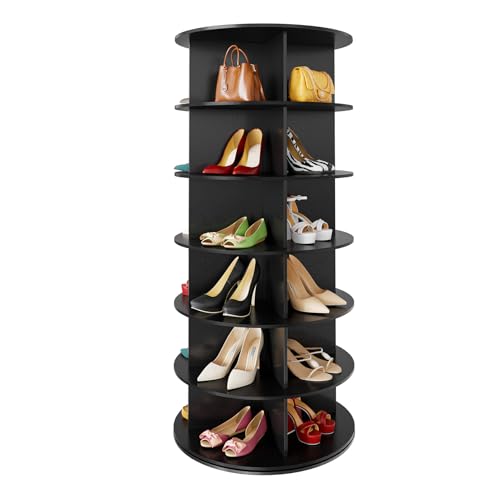SpaceAid 6 Tier Rotating Shoe Rack Tower, Spinning Shoe Display Lazy Susan, Revolving 360 Shoe Rack Storage Round Carousel, Vertical Handbag Rotate Shoes Closet Organization (6-Tier Black) - color: Black, size: 6 Tier (23.2"W x 54.2"H)