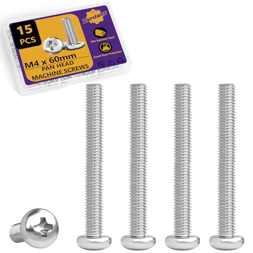 15Pcs M4x60mm Phillips Pan Head Machine Screws Kit 304 SS for DIY | Full Thread, Anti-Rust & Anti-Corrosion, For Furniture Repair, Electronics & 3D Printer Small Models, Storage Case Included - size: M4x60mm