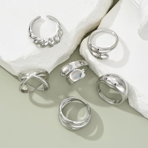 YEEZII Chunky Gold Rings for Women Non Tarnish, 18K Gold Plated Stackable Thumb Ring, Statement Women Rings Set - color: Silver