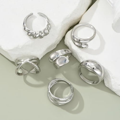 YEEZII Chunky Gold Rings for Women Non Tarnish, 18K Gold Plated Stackable Thumb Ring, Statement Women Rings Set - color: Silver