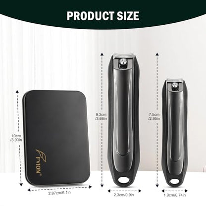 FVION Large Nail Clippers with Catcher, 2 PCS Anti-Splash Fingernail & Toenail Clippers, Stainless Steel Self-Collecting Nail Cutters for Effortless Nail Care - Metal Case Packing - color: Light Black