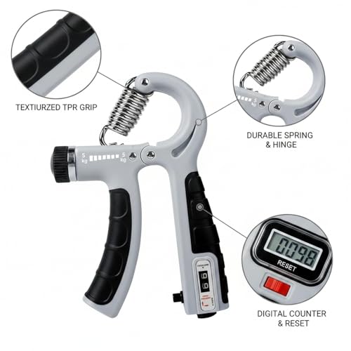 Adjustable Hand Grip Strengthener with Auto Counter, 10-100 lbs Resistance for Forearm Training, Ergonomic Non-Slip Design - color: Gray