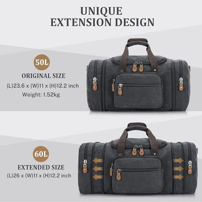 Gonex Canvas Duffle Bag for Travel 60L Expandable Duffel Weekend Overnight Bag men (Dark Gray) - color: Dark Grey, size: X-Large-60L (Without Shoe Compartment)