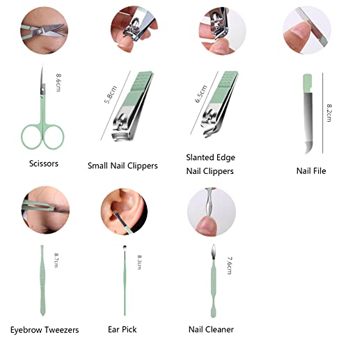 Nail Clipper Set, 7PCS Manicure Set Fingernail Clippers Kit Fashion Color Green Stainless Steel Pedicure and Manicure Kit with Green PU Leather Case
