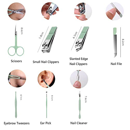 Nail Clipper Set, 7PCS Manicure Set Fingernail Clippers Kit Fashion Color Green Stainless Steel Pedicure and Manicure Kit with Green PU Leather Case