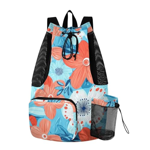 Flowers Turquoise and Coral Draw String Back Bag Climbing Gym Bag With Water Bottle Holder Waterproof