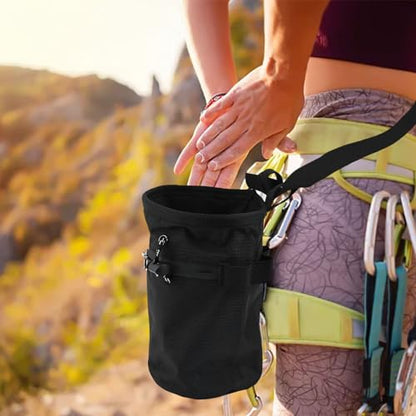 Climbing Chalk Bag with Drawstring Closure, 420D Nylon Gymnastics Chalk Bucket for Rock Climbing Weightlifting Bouldering, Adjustable Waist Belt and Carabiner,(Black) - size: Black