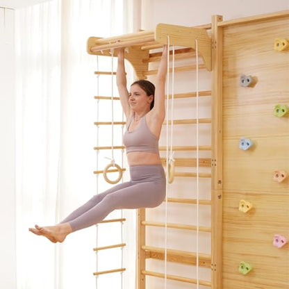 Avenlur Walnut Modular 9-in-1 Swedish Ladder Wall Gym, Kids Climbing Wall | 94.5-Inch Modular Indoor Playground & Jungle Gym: Rock Climbing Wall for Kids, Monkey Bars, Slide, Swing, Rope Net