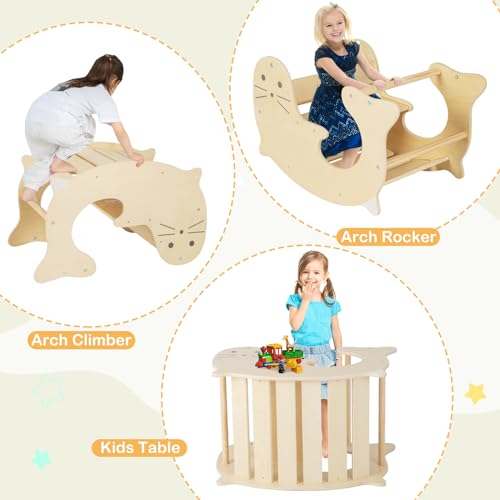 Costzon Climbing Toys for Toddlers, Foldable Montessori Wooden Arch Climber Ladder with Sliding Ramp, Play Table, Multi-Combination Methods, Kids Triangle Climber Play Gym Set for Boys Girls Present - style: 7 in 1 Arch Climber Ladder, Natural