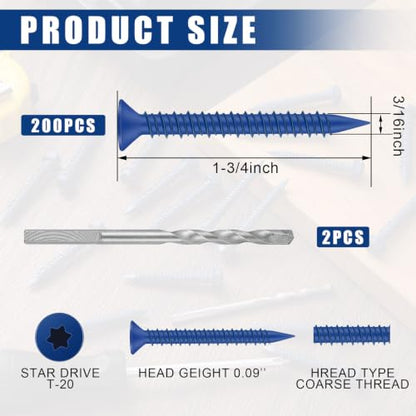 MorningRo 200 Qty 3/16" x 1-3/4" Star Head Concrete Screws Anchor with Drill Bits Blue Star Drive Bugle Head Screws for Anchor Masonry, Block, Brick, Cement, Stucco, Diamond Point and Wood Fastening - size: 3/16" X 1-3/4", style: Star Head