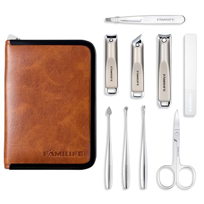 FAMILIFE Nail Care Kit 9-in-1 Professional - Carbon Steel Cuticle Scissors, Fingernail & Toenail Clippers for Nails, Manicure Set Travel Grooming Kit with Case (Brown) - color: Brown