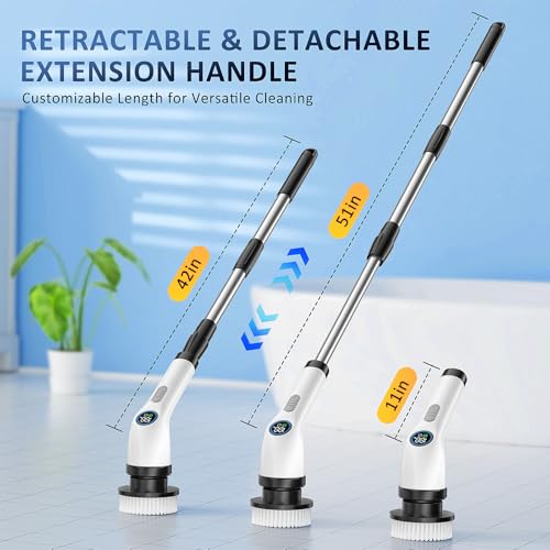 Electric Spin Scrubber Upgraded Battery with Extra-Long Runtime, IPX7 Waterproof Power Cleaner with 7 Brush Heads, 2 Speeds Adjustable Long Handle for Bathroom, Floor, Shower, Tile & Kitchen Cleaning