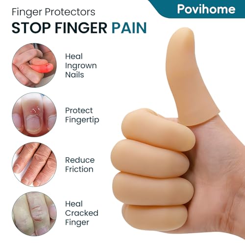 Povihome Finger Cots Protectors - Moisturizing Thumb and Finger Covers - Thickend Version - Elastic Cracked Silicone Finger Sleeves to Protect Cracked, Peel Finger and Other Finger Pain (Beige, 10PCS) - color: Beige, size: Medium (10PCS)