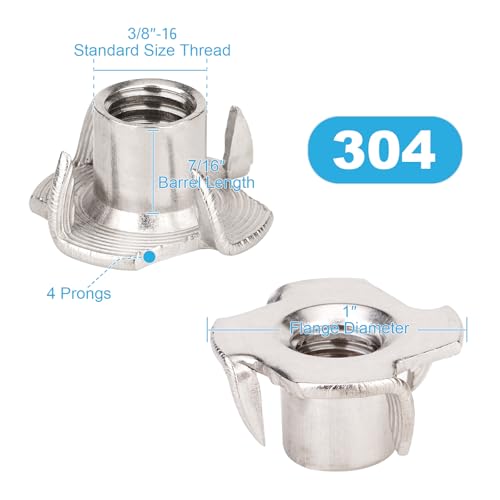 3/8"-16 T-Nuts (45 Pack), 304 (18-8) Stainless Steel, 7/16" Barrel Length, 4-Pronged Tee Nut for Wood, Rock Climbing Holds, Cabinetry - size: 3/8"-16 45pcs, 304