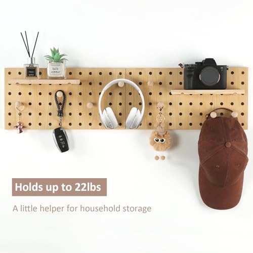 2 Pack Beige Wooden Pegboard Modular Wall Organizer | Includes hooks & shelf, multi-use for home/office/bathroom/laundry room - color: Begie