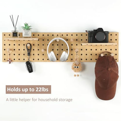 2 Pack Beige Wooden Pegboard Modular Wall Organizer | Includes hooks & shelf, multi-use for home/office/bathroom/laundry room - color: Begie