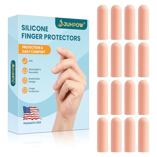 JUMPOW Gel Finger Cots Protectors, Silicone Finger Covers Caps Sleeves Flexible Shields for Fingertip Thumb Protection, Arthritis, Rubbing, Cracking, Hangnail & Pain Relief (Complexion, L, 16PCS) - style: Large (Long)
