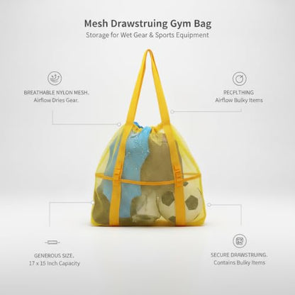 Mesh Drawstring Gym Bag, Breathable Nylon Storage for Wet Gear and Sports Equipment, 17 x 15 Inch (1 PC) - color: Yellow