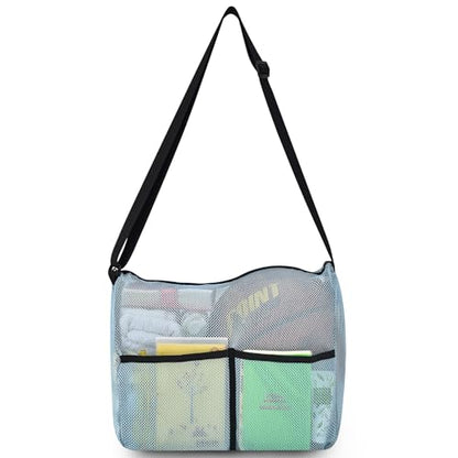 Mildbeer Gym Tote Bag, Mesh Bag Crossbody Satchel 12x6x12 for Gym Beach Ball Games Training Camping Hiking Clothes Storage - color: Sky Blue