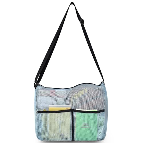 Mildbeer Gym Tote Bag, Mesh Bag Crossbody Satchel 12x6x12 for Gym Beach Ball Games Training Camping Hiking Clothes Storage - color: Sky Blue