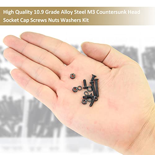562 Pieces Black M3 x 5/6 /8/10 /12/16 /20mm Countersunk Head Socket Cap Screws Nuts Washers Assortment Kit, 10.9 Grade Alloy Steel - size: M3, style: Countersunk Head