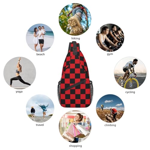 Checkered Crossbody Sling Bag for Women Men Abstract Geometric Pattern Christmas Plaid Sling Backpack Casual Chest Shoulder Bag Checkerboard with Red and Black Squares Sports Hiking Daypack - color: Black Red