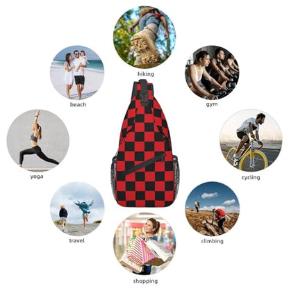Checkered Crossbody Sling Bag for Women Men Abstract Geometric Pattern Christmas Plaid Sling Backpack Casual Chest Shoulder Bag Checkerboard with Red and Black Squares Sports Hiking Daypack - color: Black Red