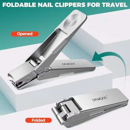 DRMODE Nail Clippers for Men, Portable Ultra Sharp Stainless Steel Toenail Clippers for Thick Nail, Foldable Fingernail Clippers with Catcher German Nail Clippers Nail Cutter with Nail Files