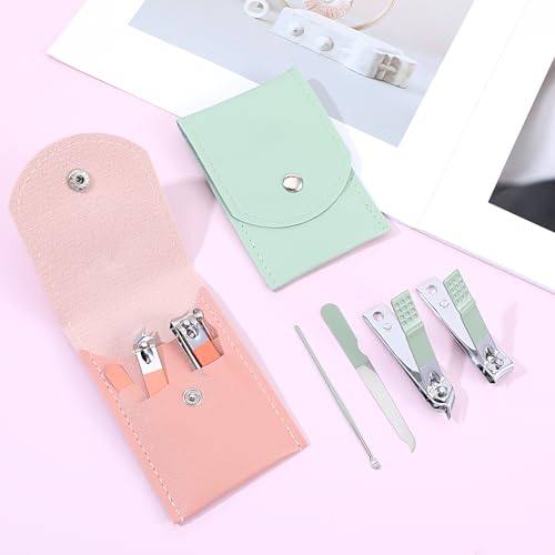 Lemecima 24 Sets Travel Manicure Kit, 4-in-1 Nail Clippers Bulk with PU Leather Case - 12 Pink & 12 Green Individually Wrapped Portable Nail Care Sets for Personal & Professional Use