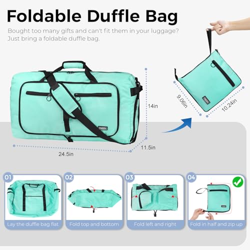 Fmeida 65L Duffle Bag with Shoes Compartment, Foldable Travel Duffel Bags for Men Women, Large Packable Travel Bag Water Repellent & Tear Resistant (Mint Green) - color: Glossy Mint Green