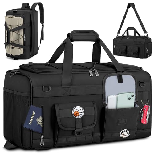 RAINSMORE 3 in 1 Gym Bag for Men, 45L Large Sports Duffle Bag with Shoe Compartment and Wet Pocket, Water-Resistant Tactical Backpack Carry On for Travel, Workout & Military Gear, Black - color: Black