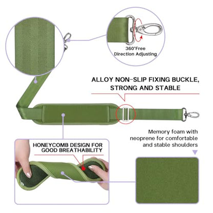 60 Inch Shoulder Strap for Bag with Removable Ultra-Thick Pad | 60" Shoulder Strap with Removable Thick Pad,Adjustable Buckles and Metal Hooks, for Briefcase/Laptop/Messenger/Luggage Bag - color: Green