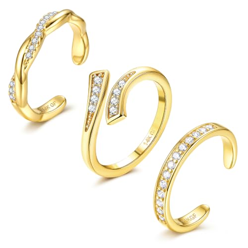FIASASO 3Pcs Gold Filled Toe Rings for Women Non Tarnish 14K Gold Filled Toe Ring Adjustable Flower Cz Dainty Toe Ring Summer Beach Open Toe Rings Set Toe Jewelry Foot Jewelry - color: 14K Gold Filled cz hug