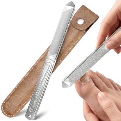 Heavy Duty Metal Nail File for Thick Toenail Fingernail with Leather Case | 7-inch 4-Sided Professional Large Thickened Nail Filer for Seniors, Durable Stainless Steel, Non-Slip Handle, Nail Care Tool