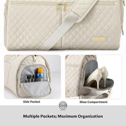STOVER Women’s Convertible Garment Duffel Bag for Travel – 2-in-1 Carry-On Weekender/Overnight Tote - Wrinkle-Free Dresses, Suits & Clothes + Shoe Compartment & Bonus Toiletry Bag (Cashmere Cream) - color: Cashmere Cream