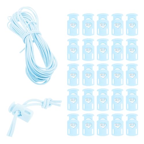 Mandala Crafts Baby Blue Shock Cord & Cord Locks for Elastic Drawstrings | 10 YDs Bungee String, 25 Spring Toggle Clips, End Stopper Clamps, for Shoelaces, Paracord, Jackets, Hoodies, Backpacks - color: Baby Blue