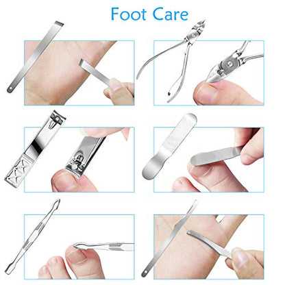 Teamkio 18pcs Manicure Set Pedicure Nail Clippers Set Travel Hygiene Kit Stainless Steel Professional Cutter Care Set Scissor Tweezers Knife Ear Pick Tools Grooming Kits with Leather Case - color: Blue