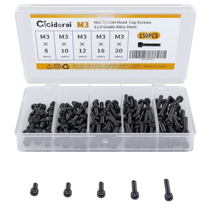 M3 x 8mm 10mm 12mm 16mm 20mm Hex Socket Head Cap Screws Bolts, 12.9 Grade Alloy Steel, Black Oxide Finish, Fully Threaded, Metric Allen Hex Drive, Assortment Kit 150Pcs - size: Hex Socket Head M3x8, 10, 12, 16, 20mm(150pcs)