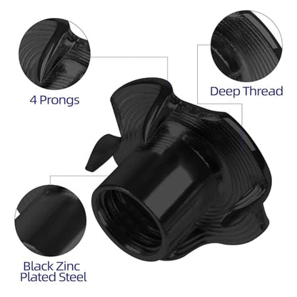 M6 T-Nuts Black Zinc Plated Steel, 4-Pronged Tee Nut for Wood, Rock Climbing Holds, Furniture, 100 PCS - color: Black Carbon Steel, size: M6