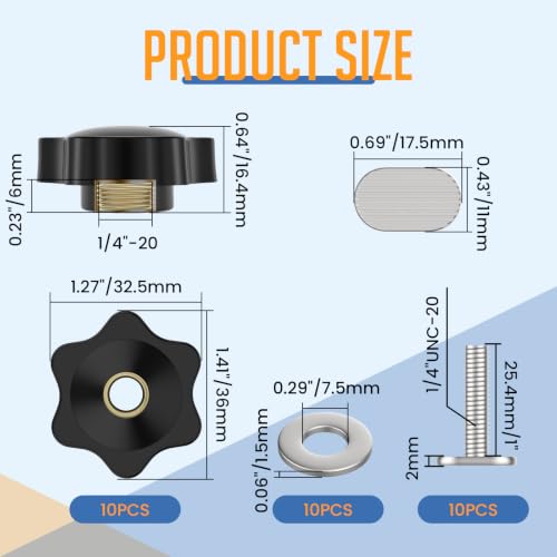 10 Sets 1/4"-20 T-Slot Fastener Kit, 1 Inch T Track Bolts with Star Knob Nuts | Heavy Duty Accessories | for Woodworking Fixture Installation - size: 1 Inch