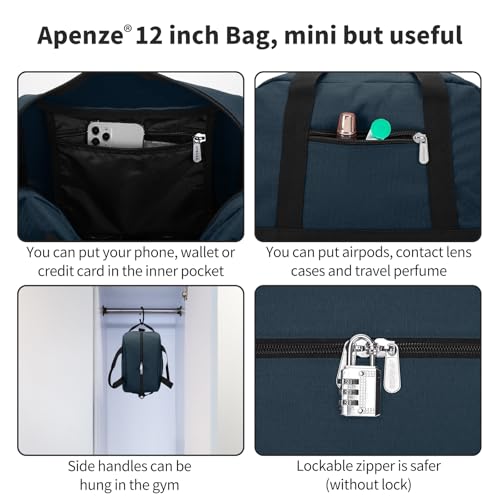 Apenze Small Gym Bag Carry On Bag - 12 in Mini Duffle Bag Lightweight for Overnight Travel（Navy Blue） - color: Navy Blue, size: 12inch