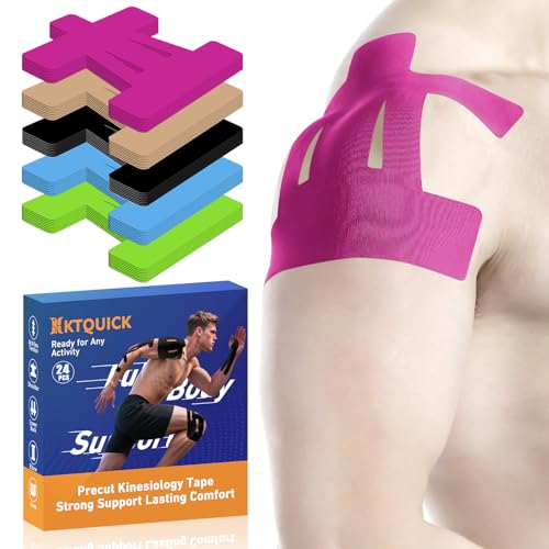 KTQUICK Precut Kinesiology Tape for Shoulder, 24 PCS, 20% Stronger Adhesive | Pink, Precut Shoulder Support Tape with Premium Cotton, Breathable, Waterproof, Latex-Free Athletic Tape for Training&Sports - color: Pink, size: 24PCS