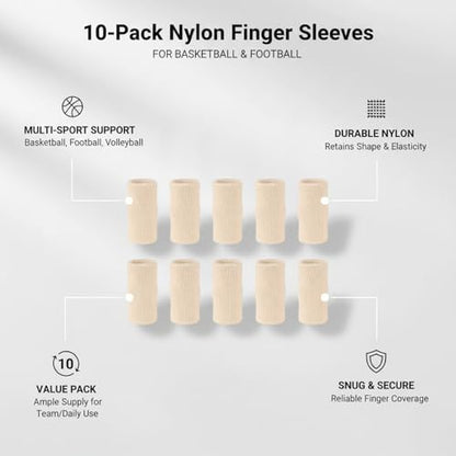 10-Pack Nylon Finger Sleeves for Basketball & Football, Snug Fit, Durable Sports Cover - color: Nude